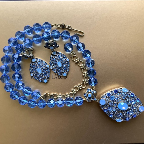 Heidi Daus Set Crystal Blue Locket Necklace & Earrings - Picture 1 of 15